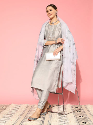 Varanga Women Grey Round Neck Embroidered Straight Kurta Paired With Tonal Bottom And Printed Dupatta